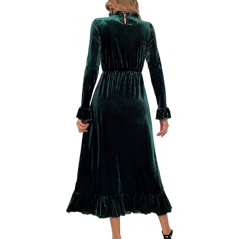 Damen Langarm-Wickelkleid Samt Rüschendetails