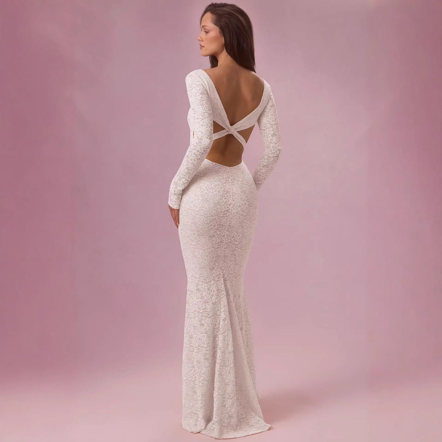 Damen Maxikleid Spitze Tailliert Langarm