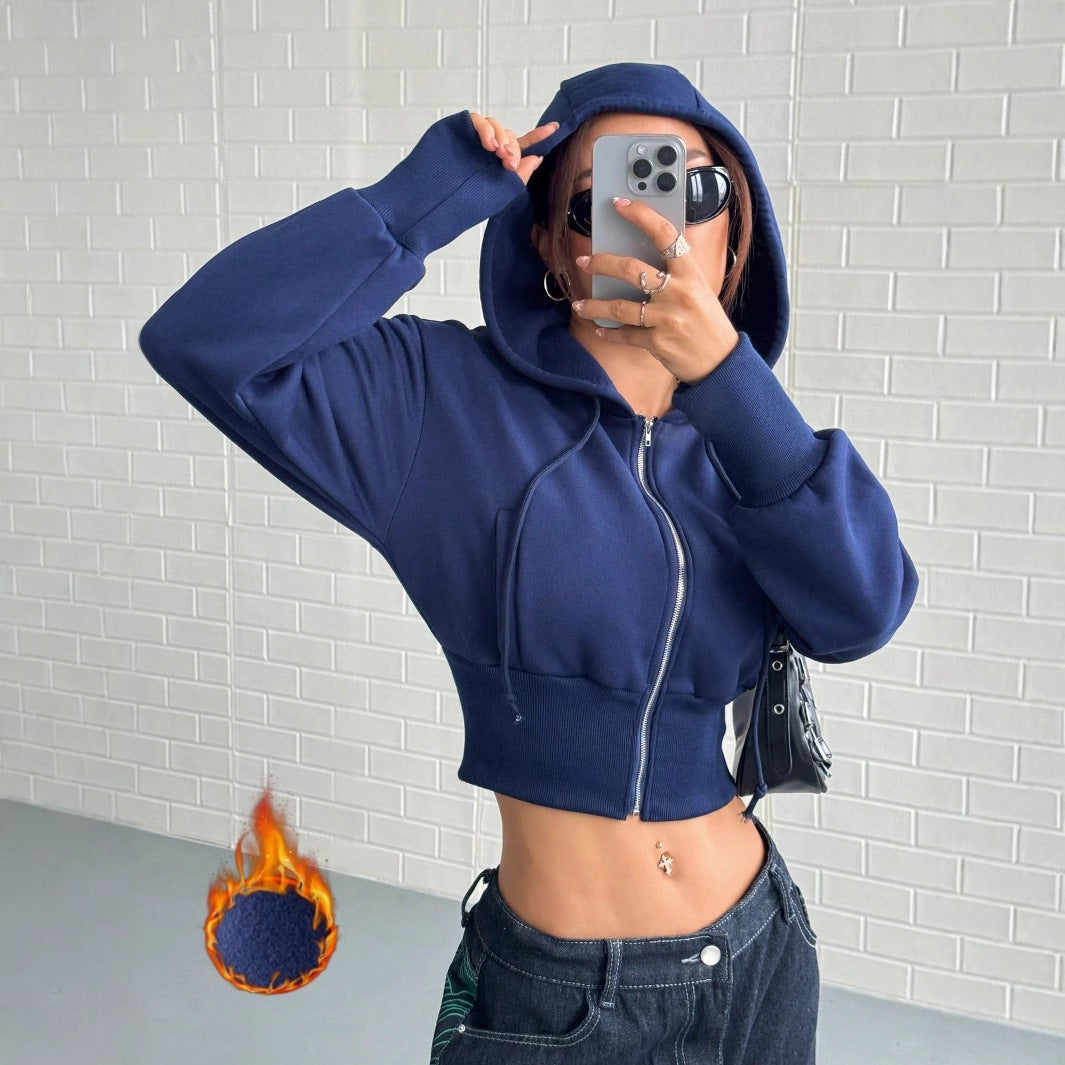 Damen Cropped Kapuzenpullover Reißverschluss Breite Ärmel Norvielle - Norvielle