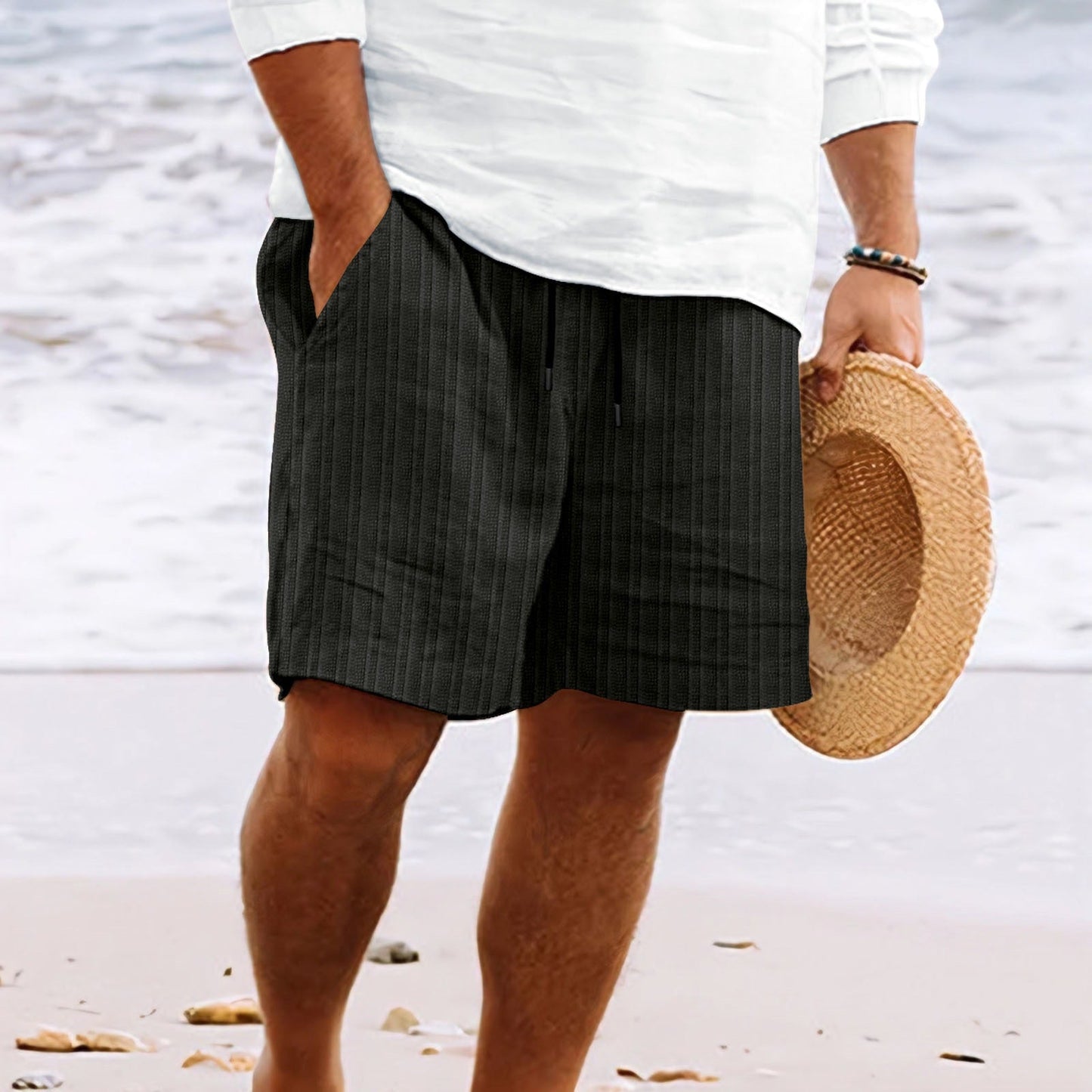 Herren Strandshorts Gestreift Kordelzug Locker Sitz Weiß