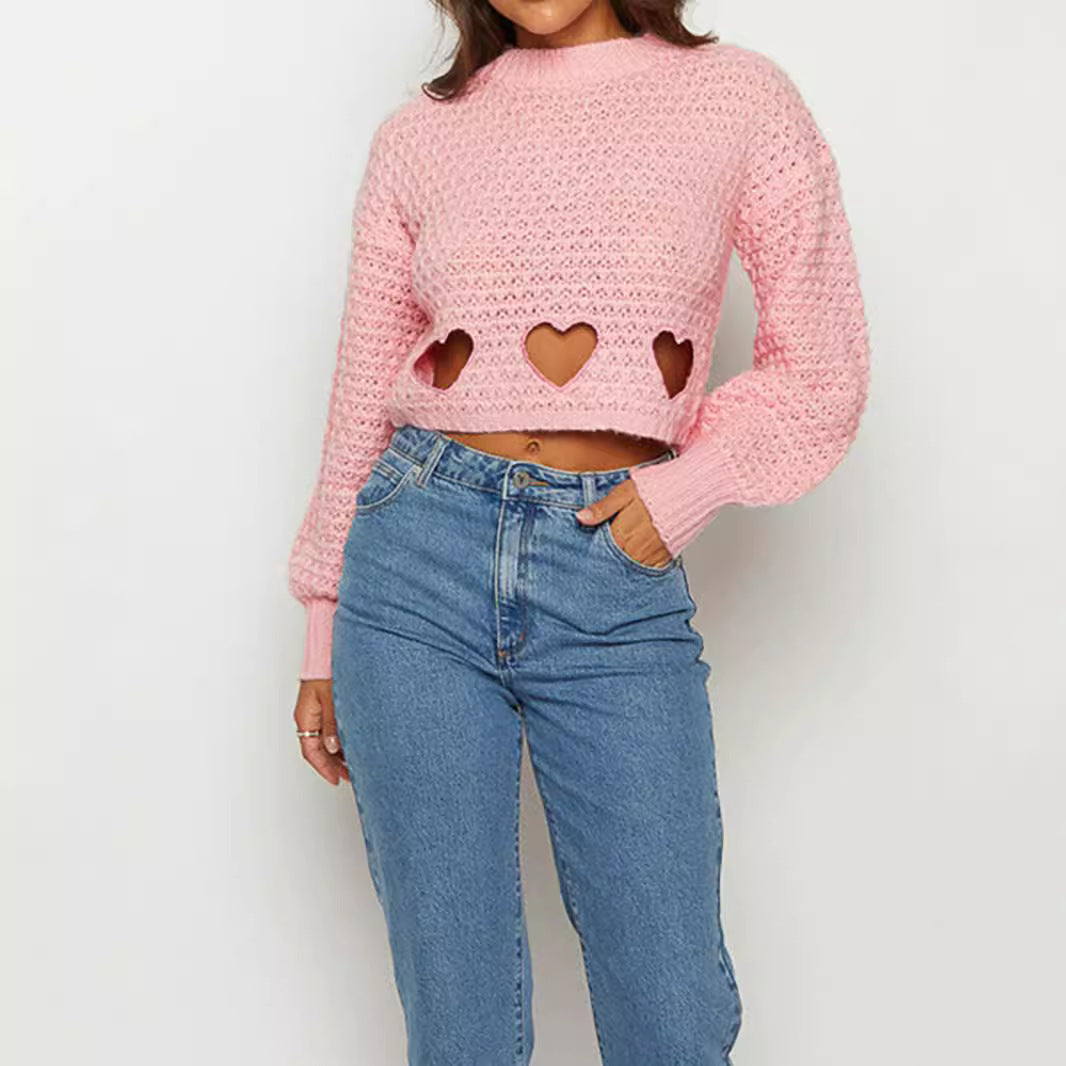 Damen Strickpullover Herz-Ausschnitte Lässig Crop-Design
