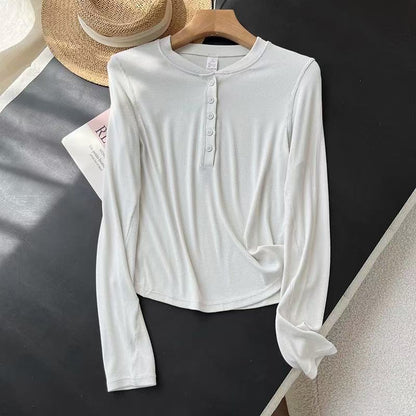 Damen Langarmshirt Baumwollmix Weich Knöpfe