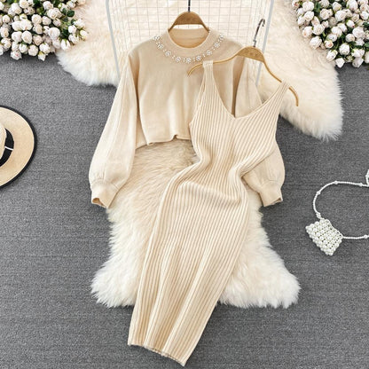 Damen Strickkleid Rippstruktur Feminin Träger Beige