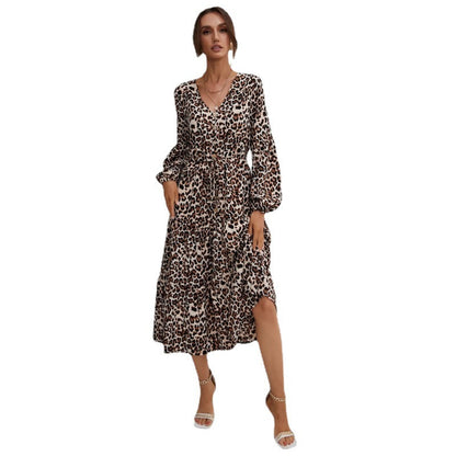 Damen Maxikleid Leopardenmuster Taillengürtel
