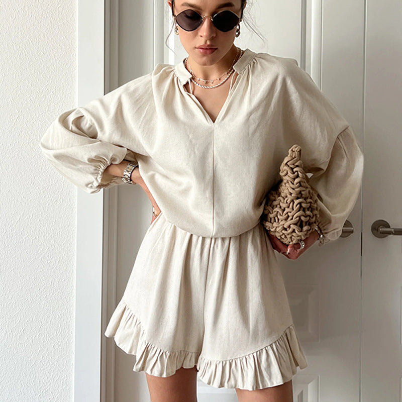 Damen Blusen-Shorts-Set mit Rüschendetails Weites Design