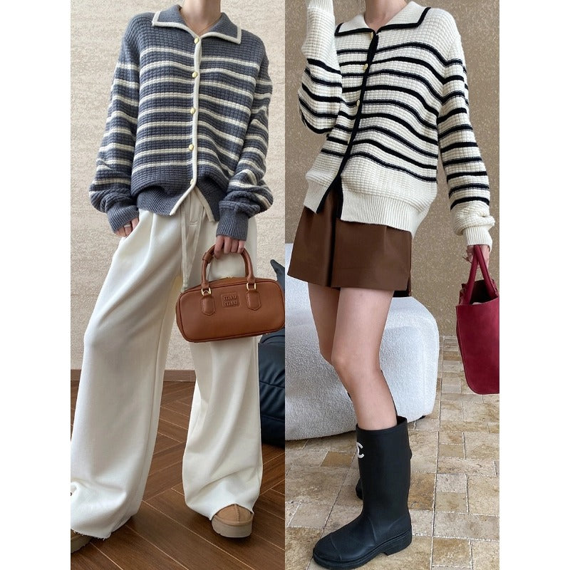Damen Strickjacke Gestreift Lässig Mit Druckknöpfen Beige