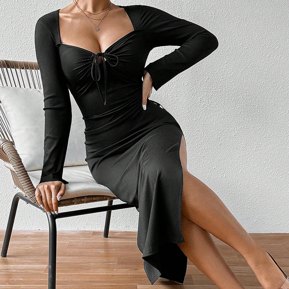 Damen Langarm-Rippkleid mit Kordelzug Norvielle - Norvielle
