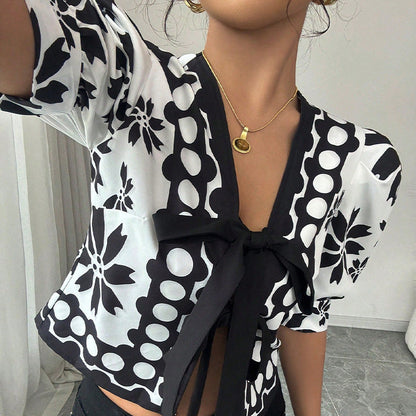 Damen Bluse Floralmuster Schleifenbindung Norvielle
