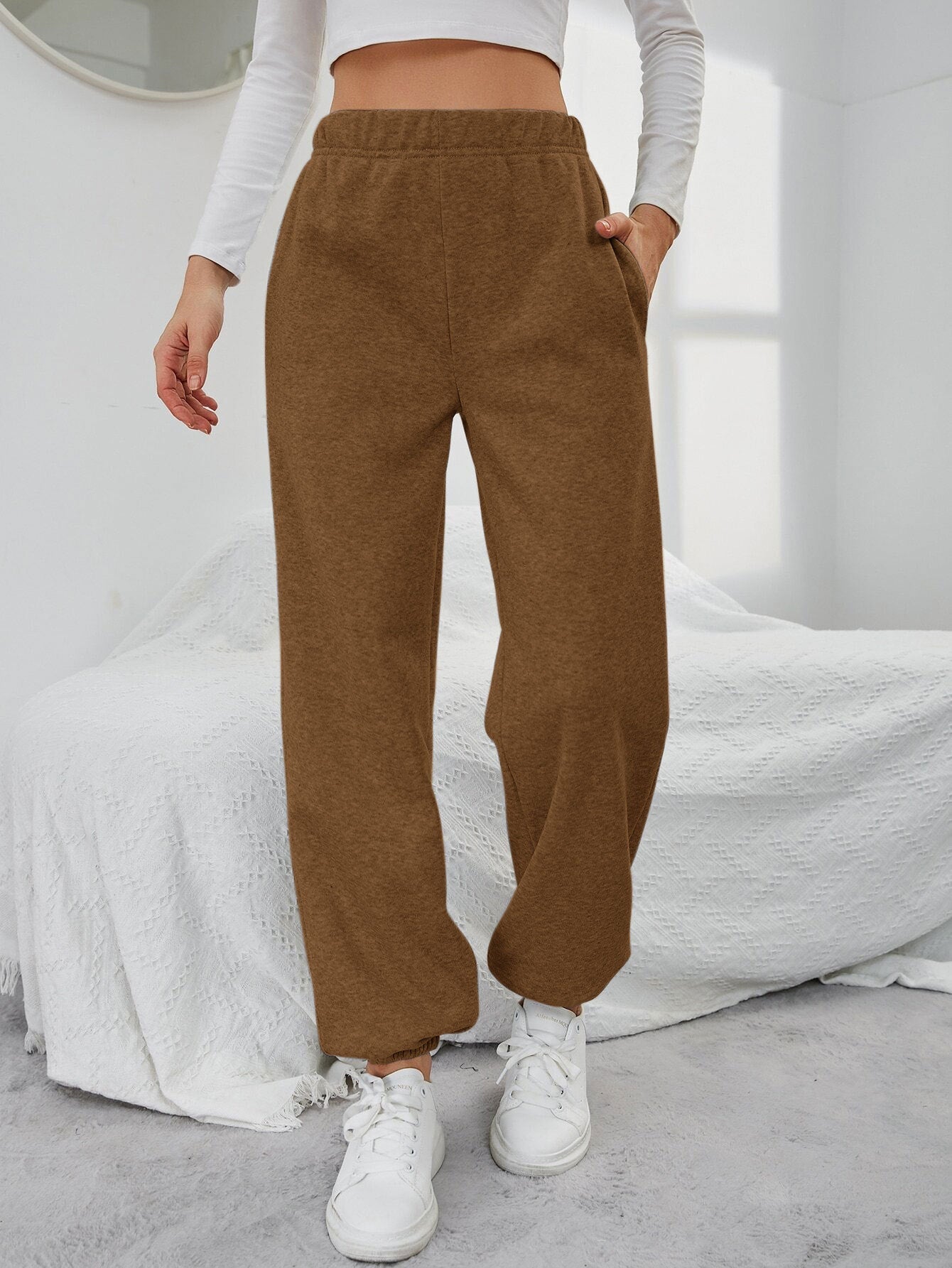 Damen Sweatpants Elastischer Bund Seitentaschen Beige