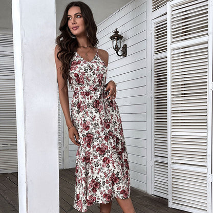 Damen Maxikleid Floralmuster Dekorativer Gürtel