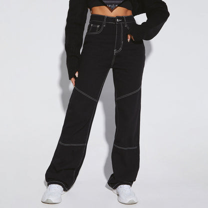 Damen High-Waist Jeans Breit Bein Kontrastnähte Schwarz - Norvielle