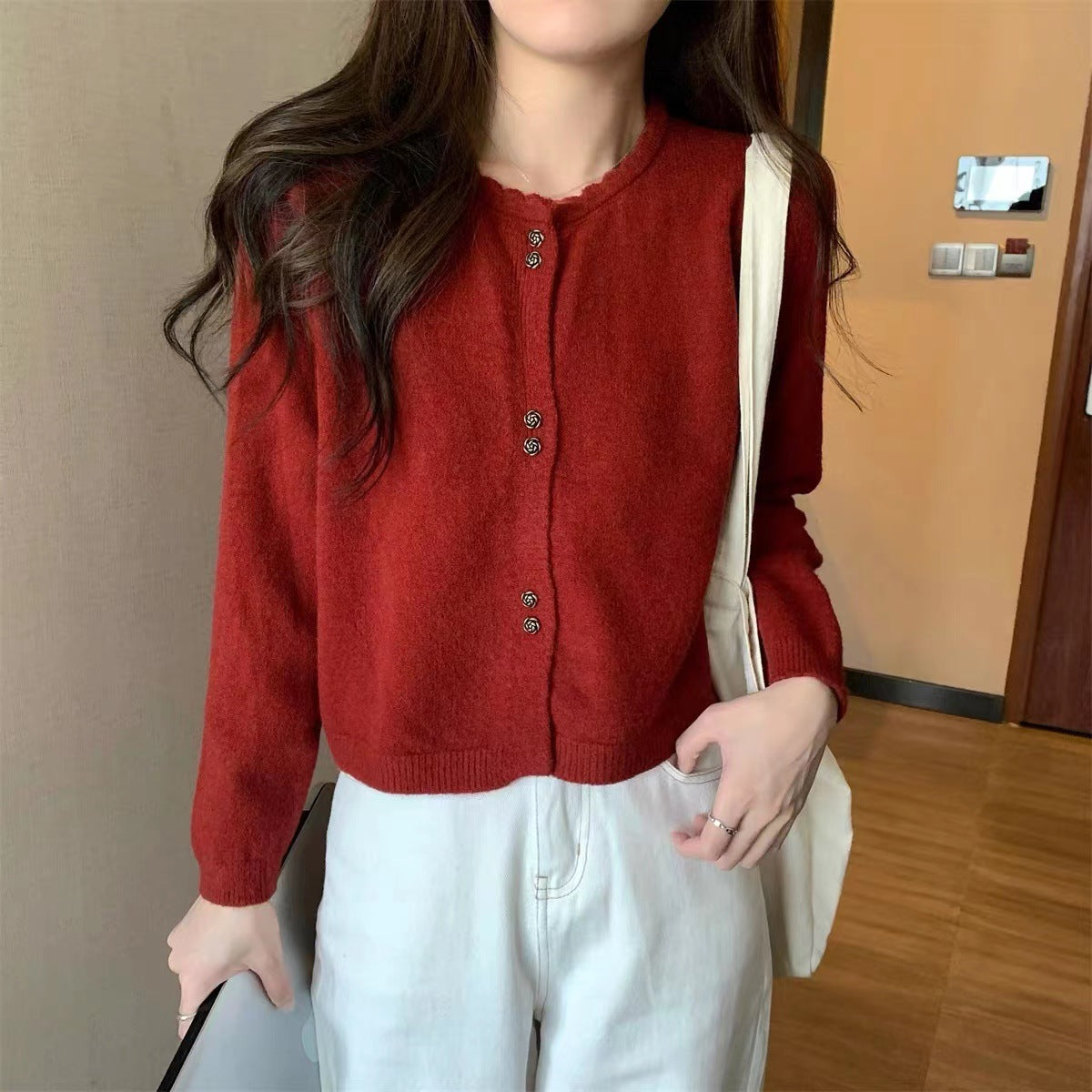 Damen Strickjacke Kuschelig Knopfverschluss Beige Norvielle