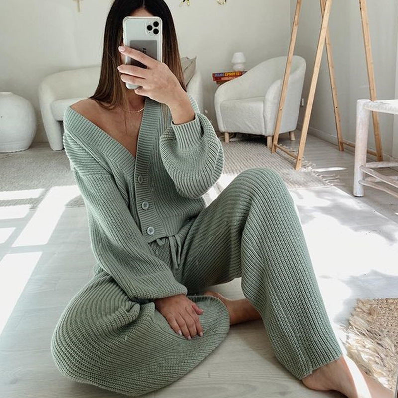 Damen Strick-Loungewear-Set Knöpfbarem Oberteil Elastische Hose - Norvielle