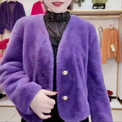Damen Kurzjacke Flauschig mit Knöpfen Norvielle