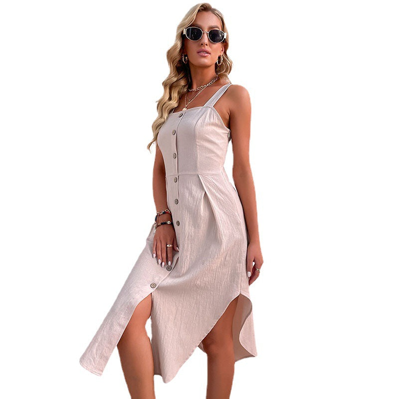 Damen Knielanges Kleid mit Knöpfen und Seitenschlitz