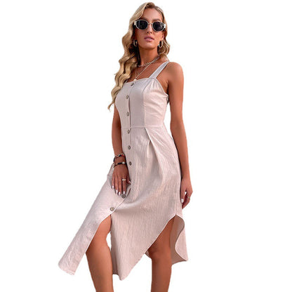 Damen Knielanges Kleid mit Knöpfen und Seitenschlitz