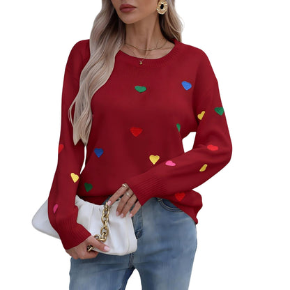 Damen Pullover Bunt Herzdesign Weites Modell