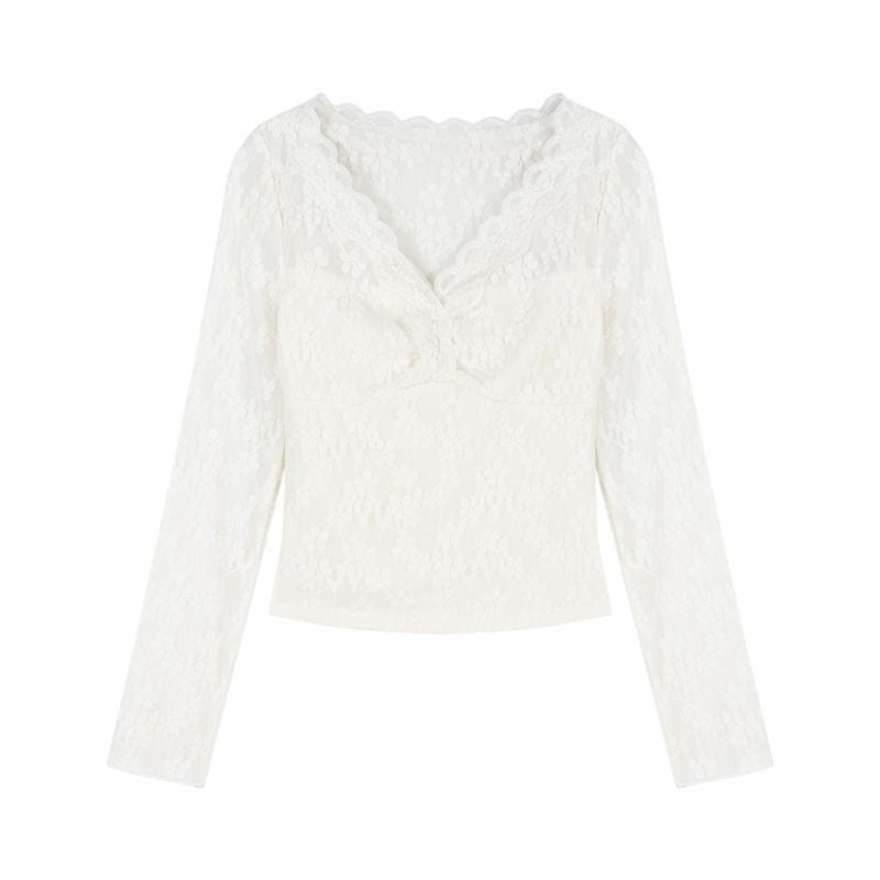 Damen Spitzenbluse V-Ausschnitt Rüschendetails