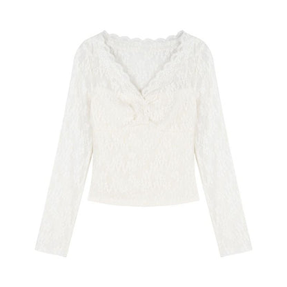 Damen Spitzenbluse V-Ausschnitt Rüschendetails