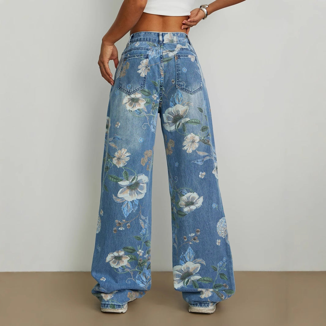 Damen Weite Jeans Florales Design Hochtailliert