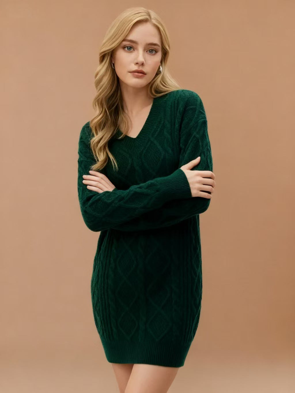 Damen Strickkleid V-Ausschnitt Strukturiert