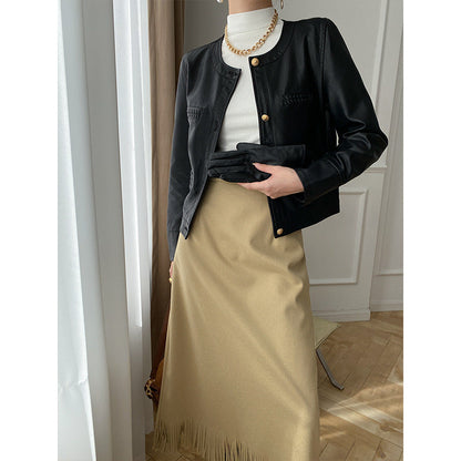 Damen Lederjacke Moderner Stil Dekorative Taschen Elegant