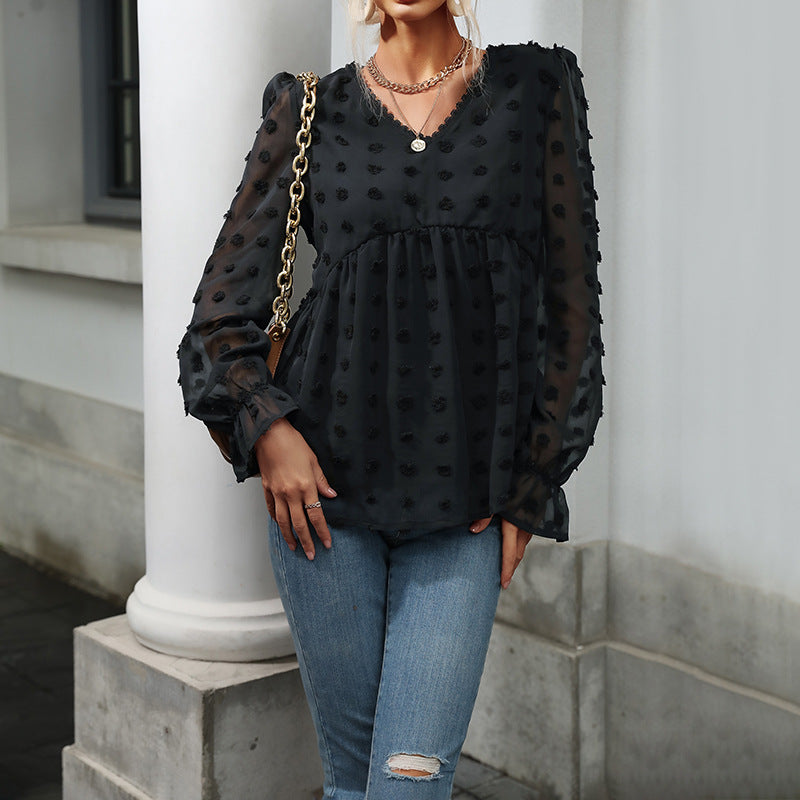 Damen Bluse Luftig Rüschendetails Punkte-Design Blau - Norvielle