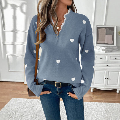 Damen Strickpullover Herzmuster Rüschendetails