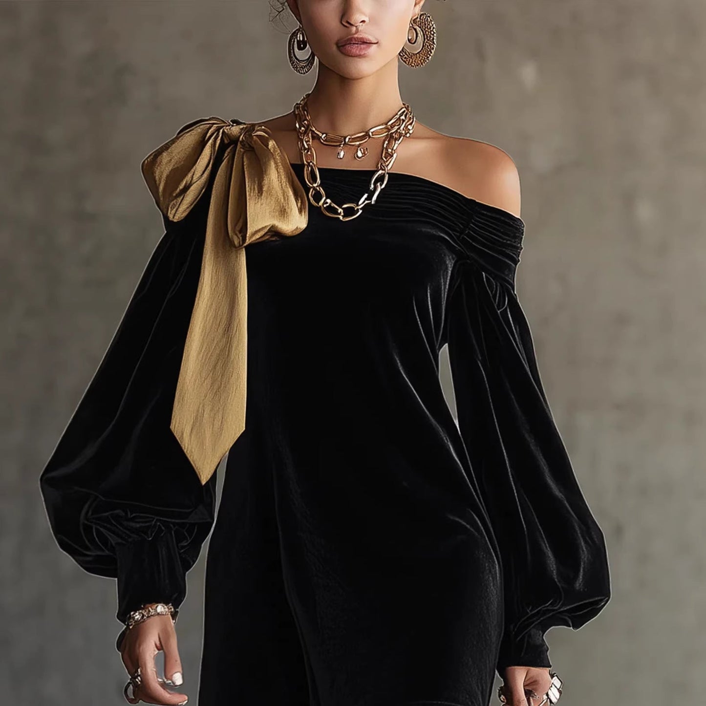 Damen Mini-Kleid Asymmetrischer Ausschnitt Puffärmel Norvielle