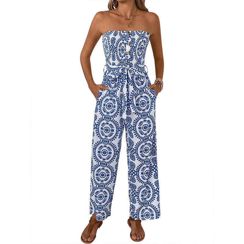 Damen Jumpsuit Floralmuster Baumwolle Taillengürtel