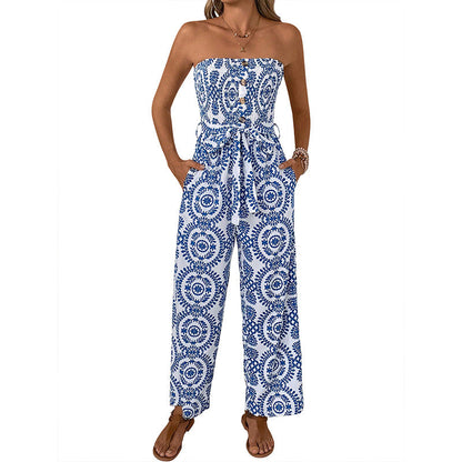 Damen Jumpsuit Floralmuster Baumwolle Taillengürtel