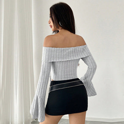 Damen Off-Shoulder-Oberteil Asymmetrischer Saum Trompetenärmel