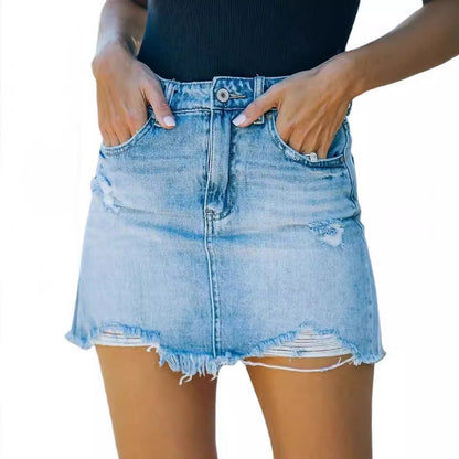 Damen Jeans-Minirock Used Look mit Fransen Hochbund