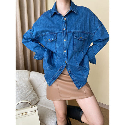 Damen Denim-Hemdjacke Lässig Mit Knöpfen Und Brusttaschen
