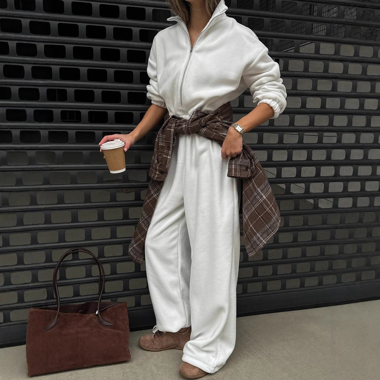 Damen Fleece Lounge Set Hochkragen Praktische Taschen Norvielle