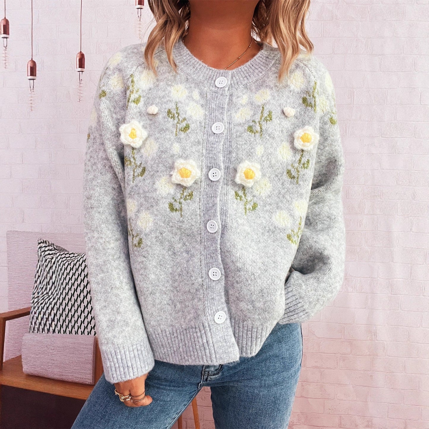 Damen Strickjacke Florale Applikationen Knopfverschluss - Norvielle