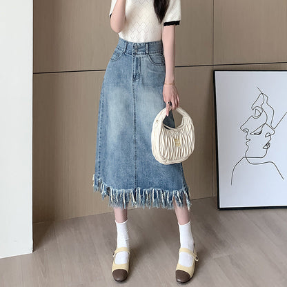 Damen Denim Midi-Rock Fransiger Saum