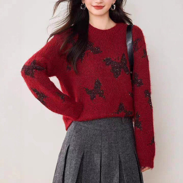 Damen Strickpullover Glitzernde Schmetterlingsapplikationen Norvielle - Norvielle