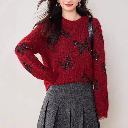 Damen Strickpullover Glitzernde Schmetterlingsapplikationen Norvielle - Norvielle