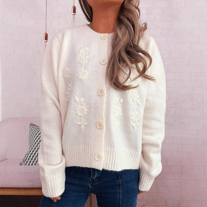 Damen Strickcardigan locker mit Blumenapplikationen und Knöpfen