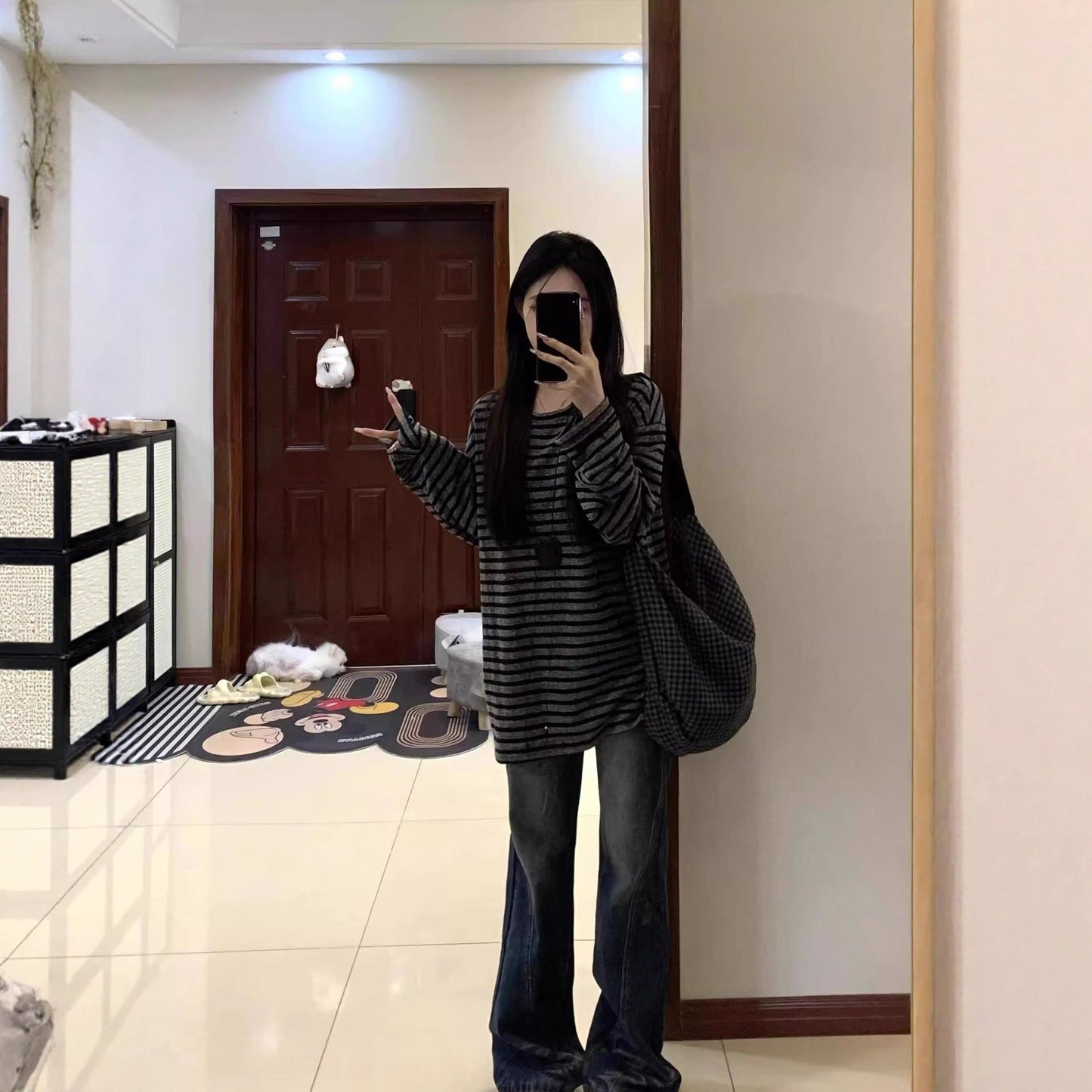 Damen Oversized-Shirt Gestreift Weite Ärmel -Weiß