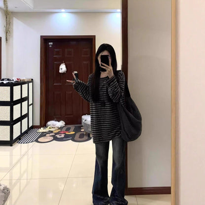 Damen Oversized-Shirt Gestreift Weite Ärmel -Weiß