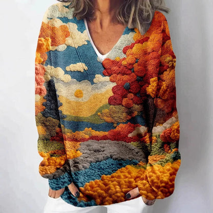 Damen Strickpullover Landschaftsmuster