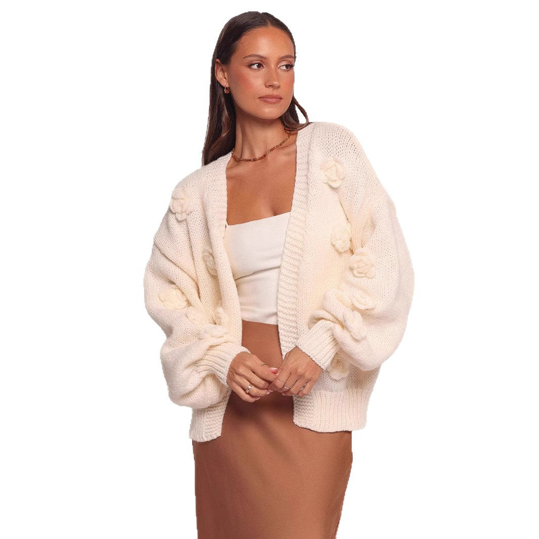 Damen Strickjacke Florales Design Voluminöse Ärmel Norvielle