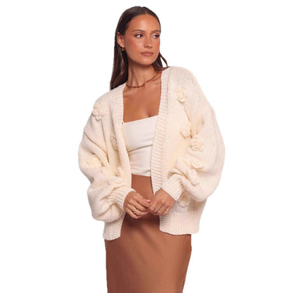 Damen Strickjacke Florales Design Voluminöse Ärmel Norvielle