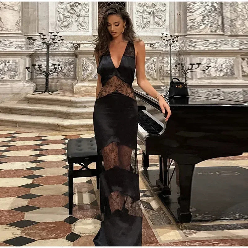 Damen Maxikleid Spitzenbesatz Elegantes
