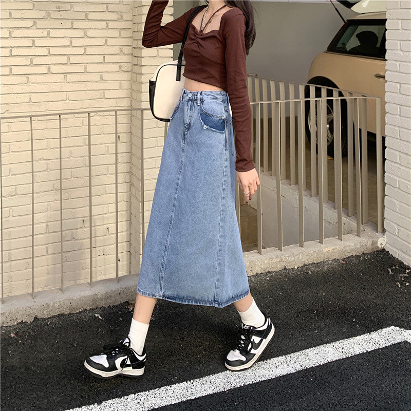 Damen Maxi-Denimrock Hochtaillierter Bund Seitenschlitz