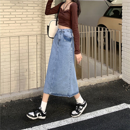 Damen Maxi-Denimrock Hochtaillierter Bund Seitenschlitz