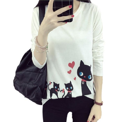 Damen Langarm-T-Shirt Katzenmotiv Baumwolle Weiß