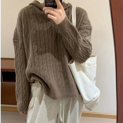 Damen Kuscheliger Strickpullover Kapuze Zopfmuster Norvielle